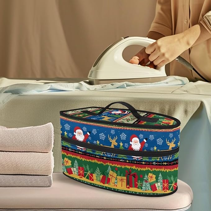 Christmas Clothes Iron Storage Case with Zipper Closure Portable Colorful Iron Storage Case Protective Carrying Bag Fits for Outdoor, Santa Claus Elk Gift