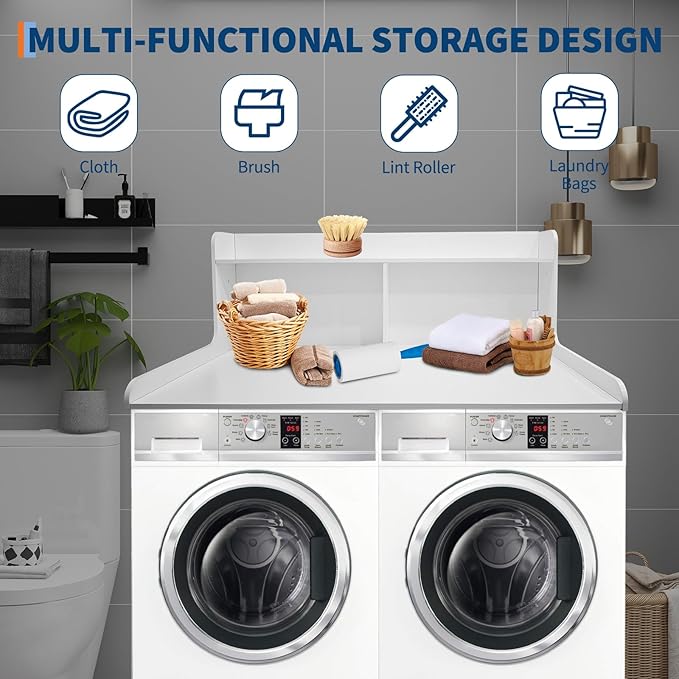 2-Tier Washer Dryer Countertop, 54" W x 27.55" D Laundry Countertop Organization with Non-Slip Pad, Wooden Washer and Dryer Topper for Folding Clothes, Laundry Room Storage