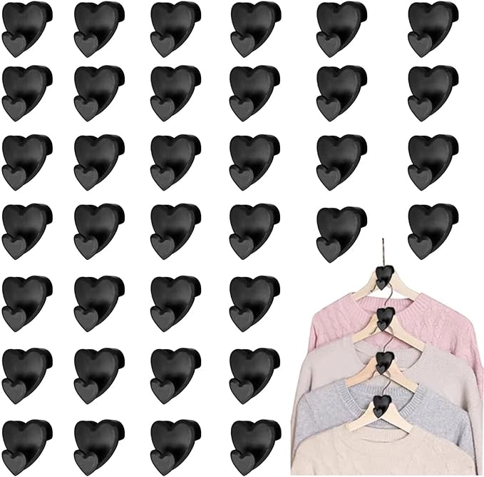 36 pcs Space Save Hanger Hooks, Clothes Hanger Connector Hooks, Space Save Closet Organizers, Triangles Hooks for Hanger,AS-seen-on-tv, Heart-Shaped Black