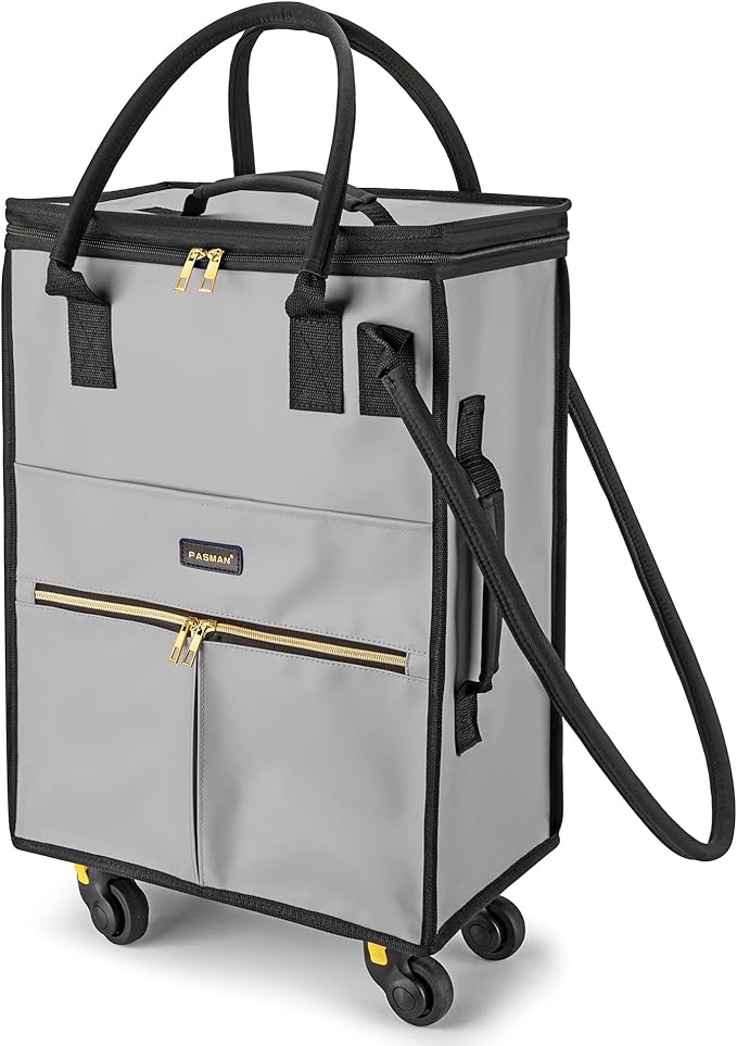Reusable Grocery Bag on Wheels, Foldable Rolling Duffle Bag, Carry on Luggage Bag with Handle and Zipper Cover for Travel, Lightweight Rolling Tote Shopping Carts (Matte-Grey, Small_41L)