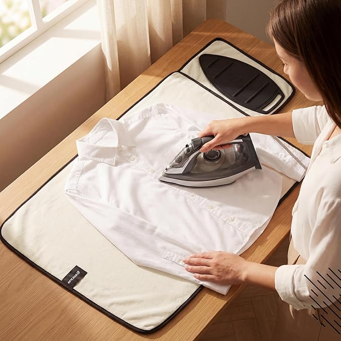 Encasa XO Ironing Mat/Pad (Small 28"x20") with 3mm Padding, Anti-Skid Design & Silicone Iron Rest for Steam Pressing on Tabletop or Bed - Heat Resistant, Portable, Quilting & Travel Blanket - Natural