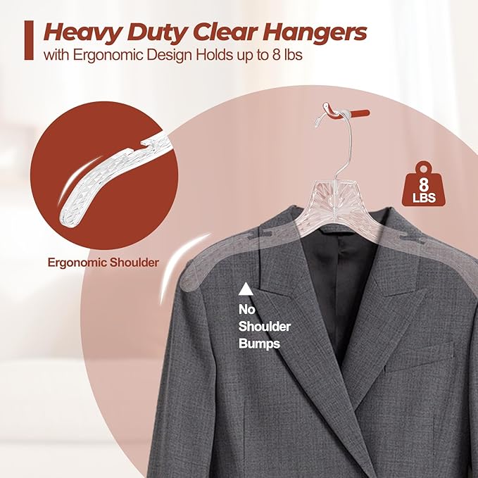 Clear Plastic Hangers 25 Pack, Durable Crystal Heavy Duty Clothes Hangers with Non-Slip Notches & 360° Swivel Hook, Space Saving, Ideal for Coats, Suits, Dresses, Shirts