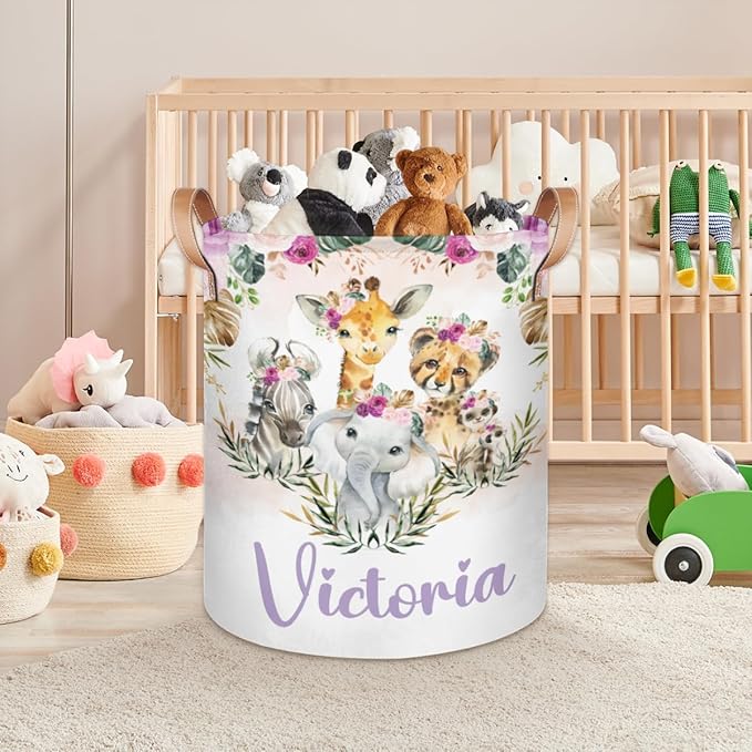 Personalized Laundry Basket, Custom Gift Laundry Hamper, Collapsible Nursery Waterproof Laundry Baskets, Dirty Clothes Toy Hamper with Handles Boho Jungle Animals