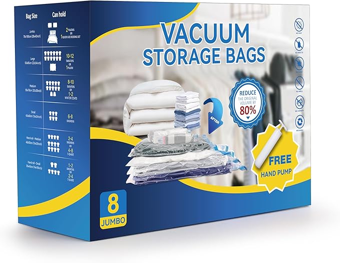 8 Jumbo Vacuum Storage Bags, Space Saver Bags, Vacuum Seal Bags with Hand Pump for Comforters, Blankets, Bedding, Pillows and Clothes