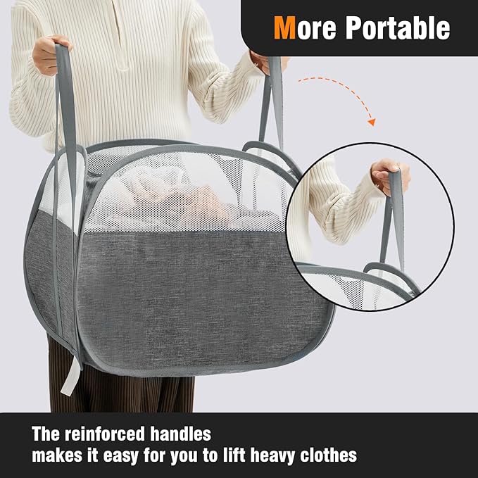 TECHMILLY Pop Up Foldable Laundry Basket, 90L Large Capacity Square & Tear Proof Laundry Hamper with Reinforced Handles for Dirty Clothes Storage in Dorm, Laundry Room, Bathroom, Grey(Fabric), 3 Pack