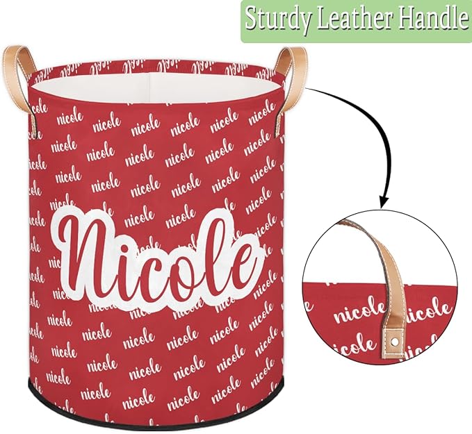 Custom Name Red Laundry-Hamper, Personalized Kids-Clothes-Hamper Foldable with Name, Customized Storage Basket with Handles Waterproof Gift for Boys Girls Baby Women