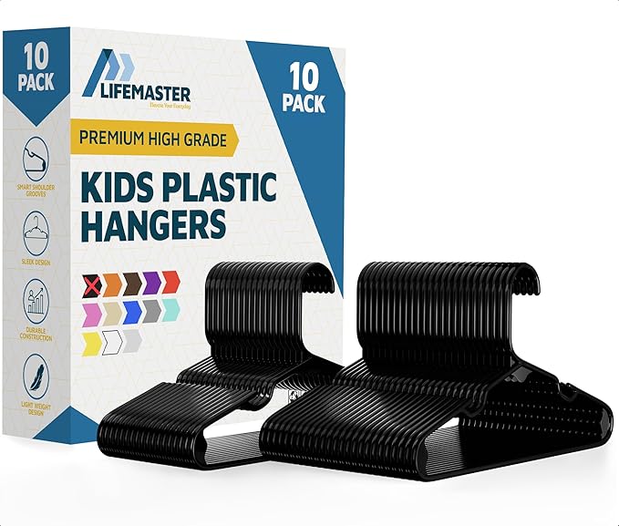 Lifemaster Plastic Kids Clothes Hanger – Children Clothes Hanger with Shoulder Notch, 11.6 Inch Space-Saving Closet Organizer for Baby, Toddler, and Kids Clothing, Hold Up to 5 lbs, Pack of 10, Black