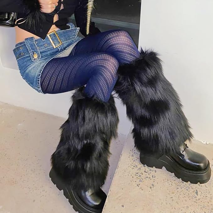 Zando Furry Faux Fur Leg Warmers for Women - Soft Fluffy Legwarmer Winter Boot Cuffs Covers for Daily Halloween Santa Costume