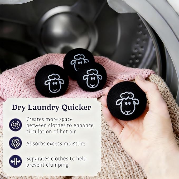 Wool Dryer Balls, New Zealand Dryer Balls Laundry Reusable Reduce Static Cling, Dryer Ball to Reduce Wrinkles & Shorten Drying Time, Drying Balls for Laundry(Pack of 6) (Black-Lamb)