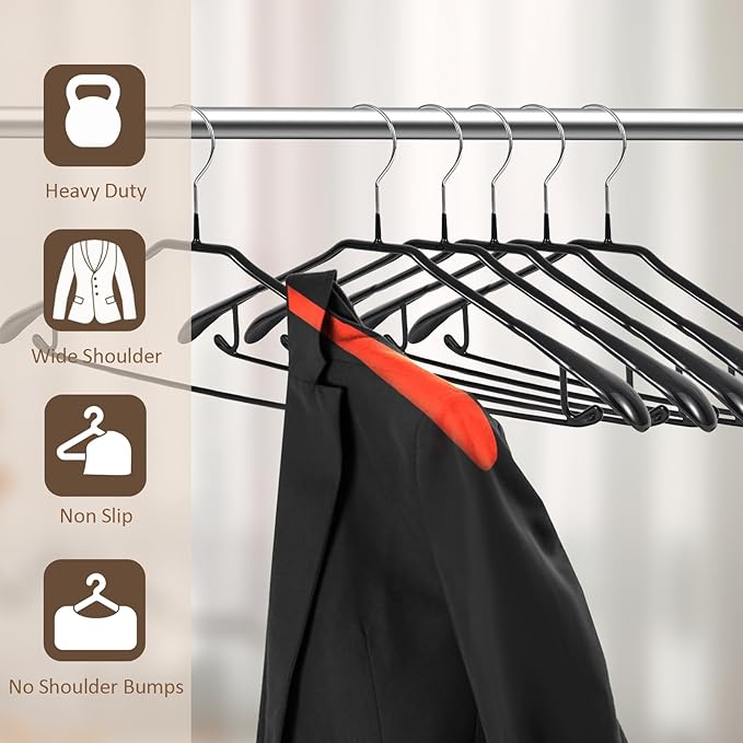 5 Pack Wide Shoulder Hangers Metal Suit Hangers Smooth Soft Gloss Grippy Flexible Thick Rubber Blazer Non Slip Jacket Clothes Hangers Black