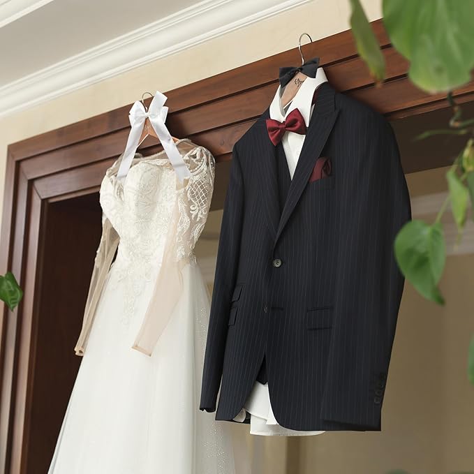 2 Pack Bride and Groom Wedding Hanger Set with Ribbon Bow Wooden Dress Suit Hanger Gift for Wedding Bridal Party Photo Decor(Wood Color,Classic)