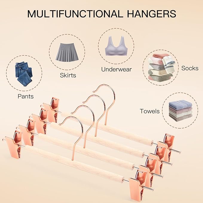 Wooden Pants Hangers with Clips 12 Pack, Heavy Duty Adjustable Clip Non Slip Skirt Hanger for Jeans, Trousers, Short, Clothes, Space Saving Closet Organizer (Rose Gold, 12 Pack)