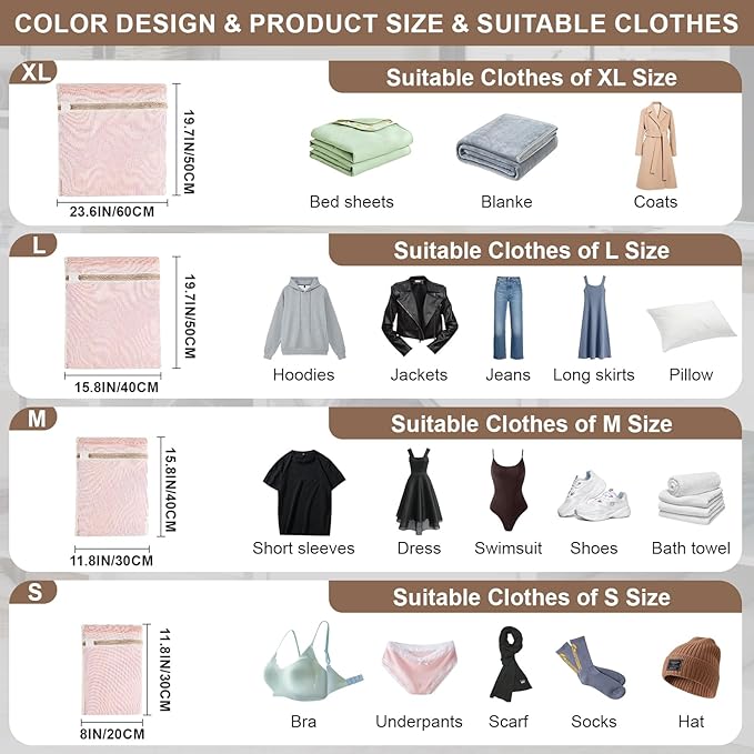 4-Piece Durable Organic Cotton Mesh Laundry Bags with Sturdy Zippers and Breathable Mesh are Delicate Laundry Bags for Underwear, Clothes, Pants and Socks