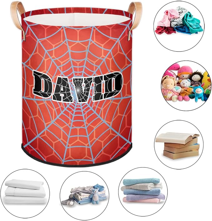 Spider Wed Personalized-Laundry-Hamper-Basket for Kids Custom Name Collapsible Storage Organizer Bin Dirty Clothes Toys Hamper for Boys Nursery in Laundry, Bedroom, Bathroom Red
