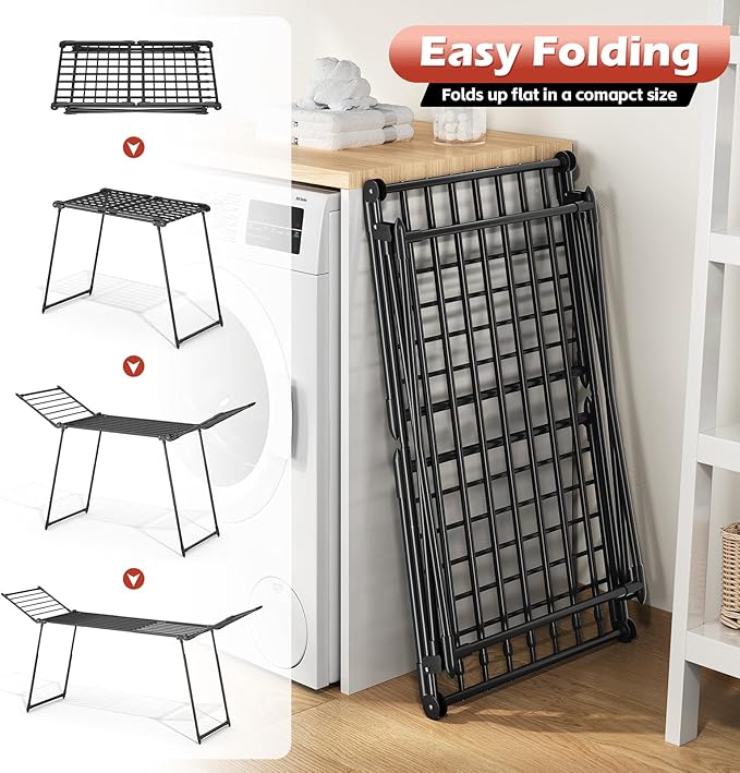 APEXCHASER Clothes Drying Rack Foldable, Large Drying Rack Clothing Retractable, Metal Clothes Airer for Bedding Towel Sweater Heavy Duty, Indoor Outdoor Use, 21.9"W x 100"L x 39"H, No Assembly, Black