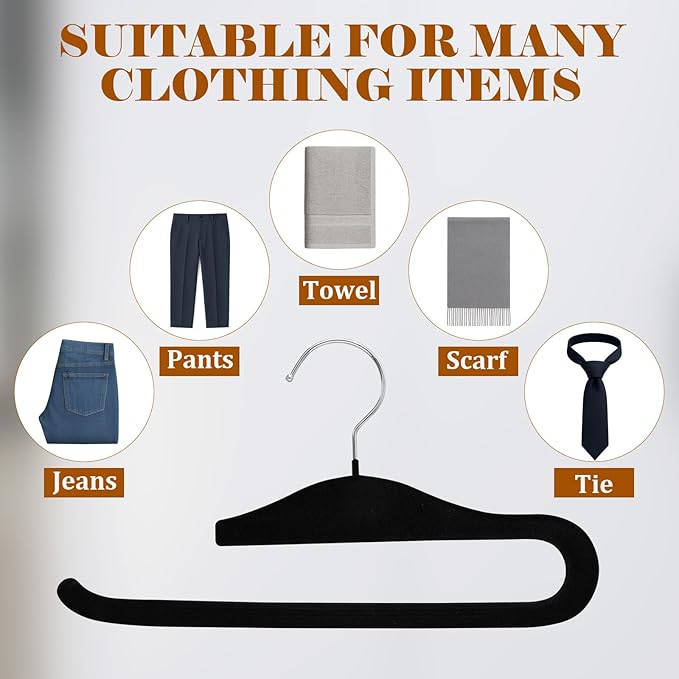 Velvet Pants Hangers,10 Pack Non Slip Space Saving Clothes Hanger, Heavy Duty Pants Hangers for Closet for Pants Jeans Skirts Tank Top Towel(Black)