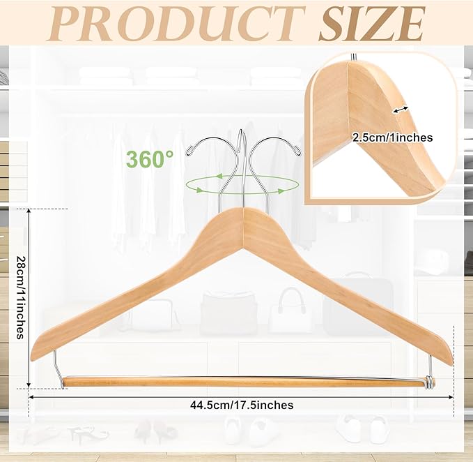 Kathfly 6 Pcs Wooden Suit Hangers with Locking Bar Retro Finish Wood Suit Coat Hangers for Closet Jacket Dress Heavy Clothes, 360° Swivel Hook, Holds up to 20lbs