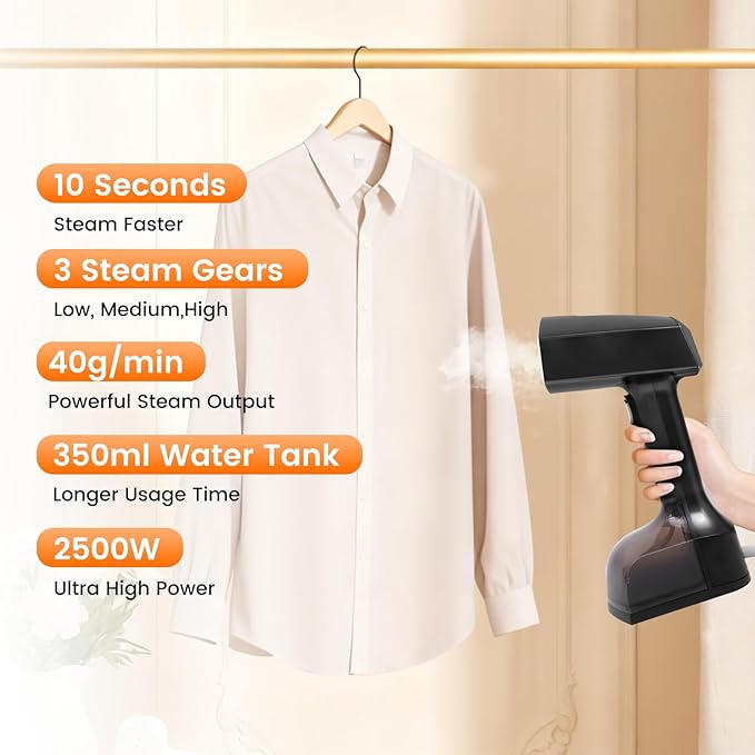 Travel Steamer for Clothes, 2500W Powerful Portable Handheld Clothing Steamer, 10-Second Fast Heating Hand Held Garment Steam Iron, 3 Steam Modes, with 350ml Large Water Tank, for Home Travel Office