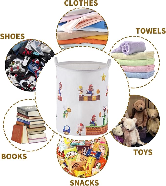 Super Storage Basket,Baby Laundry Large Hamper,Waterproof Nursery Bedroom Decor,Brothers Dirty Clothes Basket for Kids,Boys and Girls Birthday Gift Bag Bathroom Set Toy Bin(White,Round)