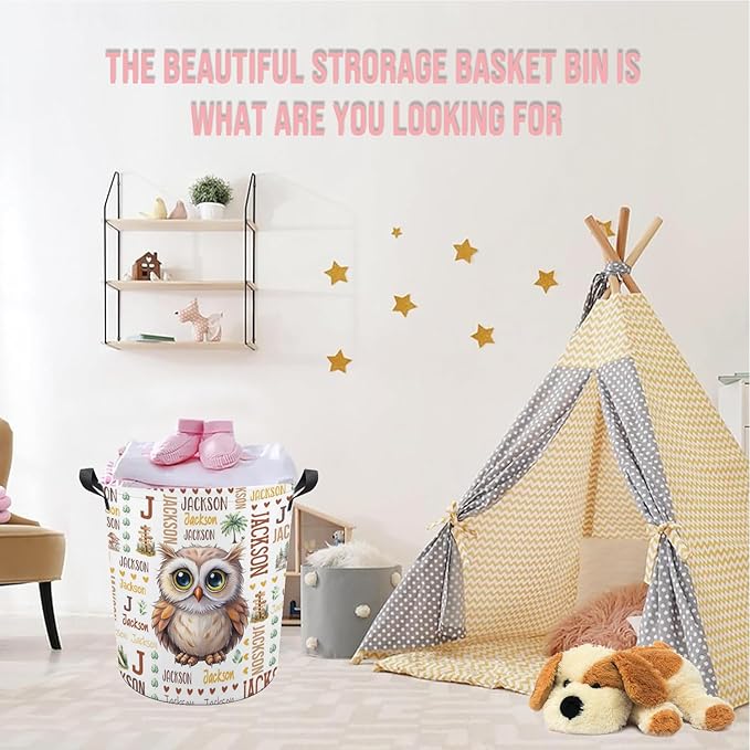 Owl Laundry Basket,Custom Laundry Hamper with Name,Personalized Owl Gifts for Boys Girls,Customize Collapsible Laundry Basket for Bedroom Bathroom,M-19.5"X 15.7"
