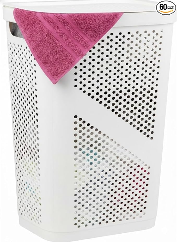 Slim Laundry Hamper with Lid, 60L Clothes Basket, Plastic laundry basket,for Home Storage Clothes Organizer, Laundry Room, College Dorm White