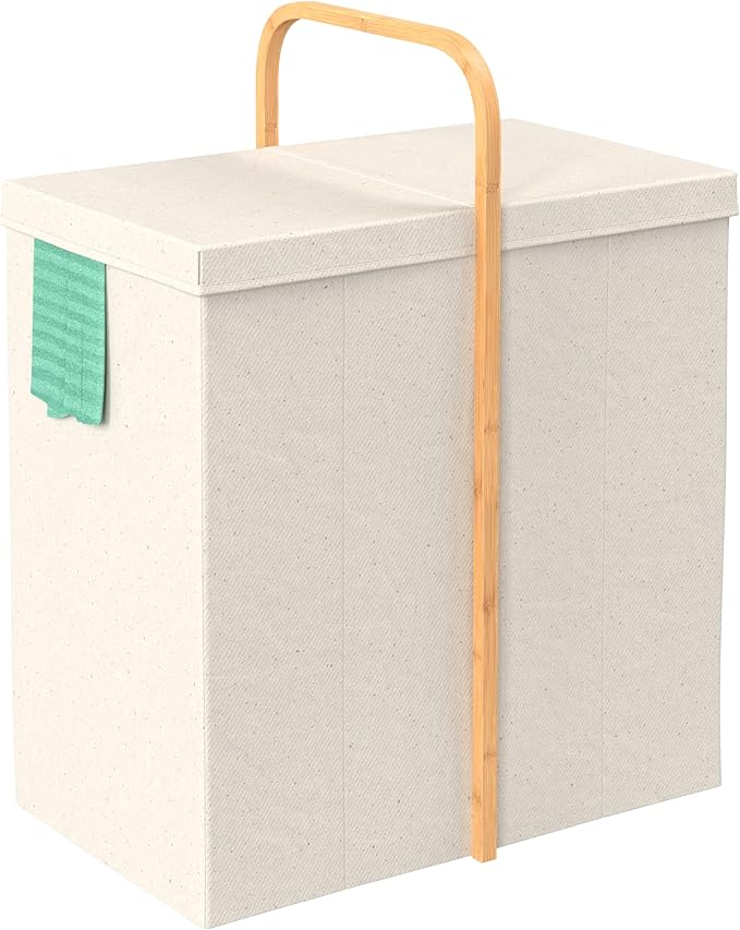 ClosetMaid Laundry Hamper Basket, Foldable with Lid, Two Compartments, Bamboo Handle, Portable, Collapsible Design, Freestanding, Beige