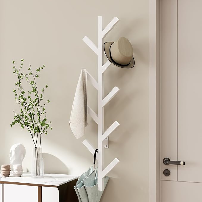 Coat Rack Wall Mounted - 9 Hooks, Coat Hooks for Wall, Modern Metal Coat Tree for Hats, Jackets, Bags, Entryway Bedroom-White (Height 37.8")