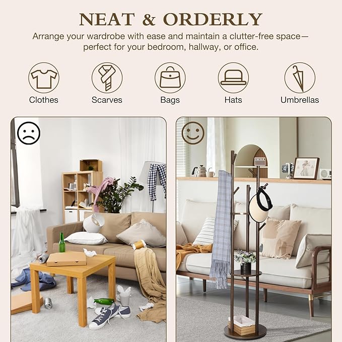 Wood Coat Rack with 3 Shelves and 9 Hooks, Freestanding Rotary Coat Tree for Entryway, Bedroom, Living Room, Hallway – Holds Jackets, Coats, Hats, Bags (Walnut)