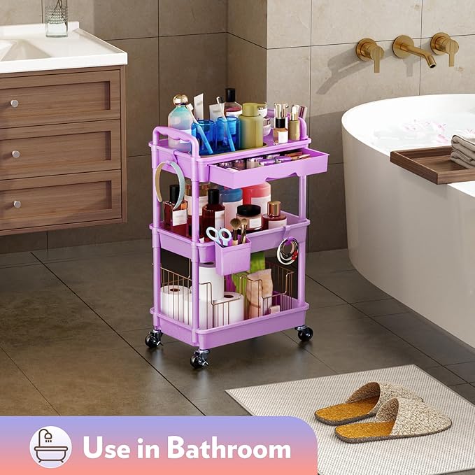 Makeup Cart Organizer with Drawers, Floor Skincare Organizers Vanity Storage Organizer, Rolling Makeup Bathroom Storage Cart Cosmetics Display Cases for Skin Care Perfume Nail Polish, Purple