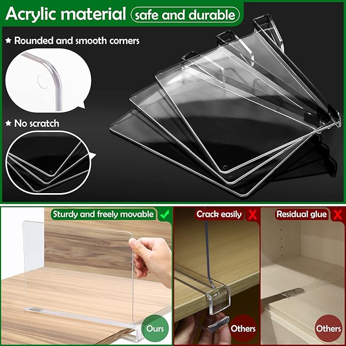 Consevisen Shelf Dividers for Closet Organization and Storage, 6 Pack Acrylic Clear Closet Shelf Dividers for Wood Shelves, Vertical Sweater Handbag Purse Organizer for Bedroom Kitchen Office