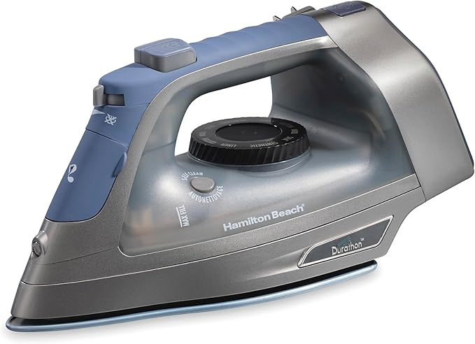 Hamilton Beach Steam Iron & Vertical Steamer for Clothes with Scratch-Resistant Durathon Soleplate, 8' Retractable Cord, 3-Way Auto Shutoff, Anti-Drip, 1800 Watts, Silver and Blue