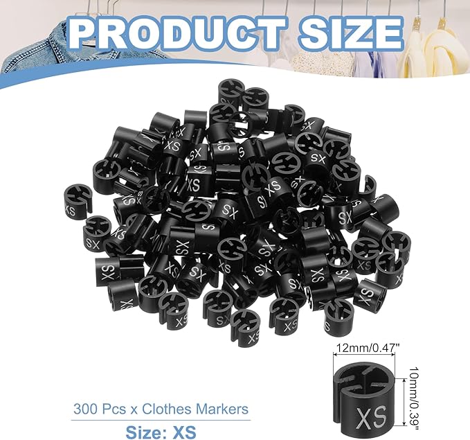 PATIKIL 300 Pcs Clothes Hanger Markers XS Fit Rod Garment Size Tag Hanger Clips Round Color Coding Label for Clothing, Black