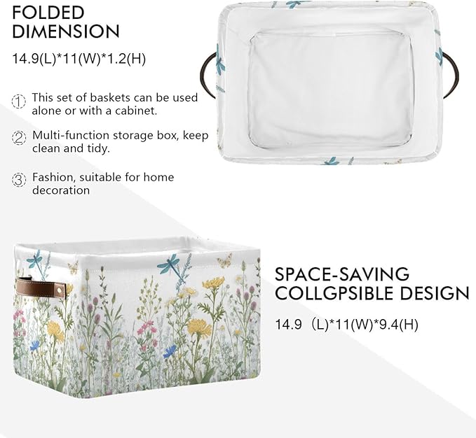 Colorful Herbs And Flowers Storage Baskets,Decorative Collapsible Rectangular Canvas Fabric Storage Bin for Home, 2PACK