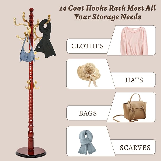 Wooden Coat Rack Freestanding with Resin Hooks, Adjustable Heavy Duty Stand for Hanging Coats, Bags, Hats, and Umbrellas in Living Room, Bedroom, Entryway (Begonia wood color)