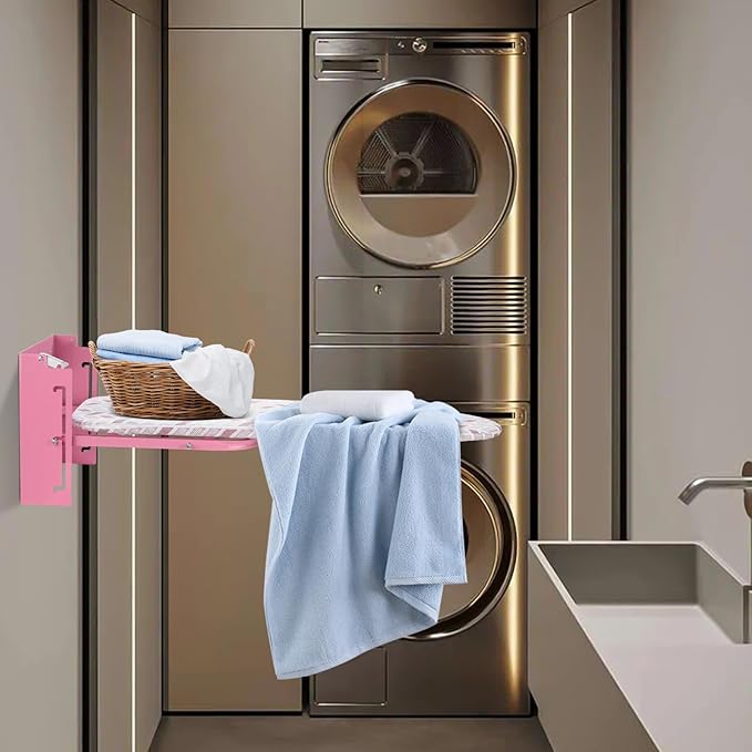 Wall Mounted Ironing Board Adjustable Height, 36 x 12 Inch Fold Away Iron Board Wall Mount Space-Saving Ironing Board with Removable Heat Resistant Cover for Small Spaces Home Laundry Room Pink