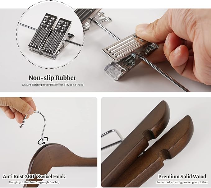 Wooden Clothes Hangers with Clips, 16Pack Wood Skirt Hangers with Clips, High-Grade Selected Walnut Wood Hangers with Sturdy Metal Clips for Pants, Suit, Heavy Winter Coat, Jacket, Formal Dress