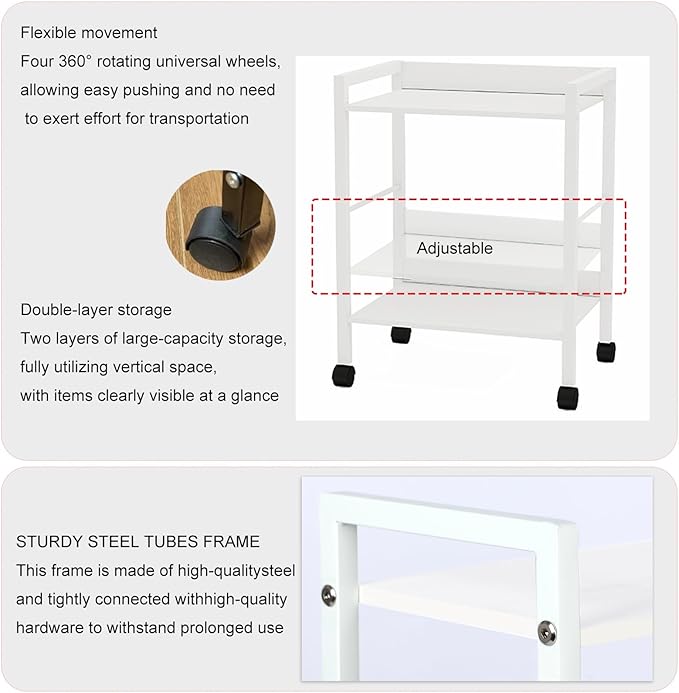 2-Tier Rolling Utility Cart with White Shelves and White Metal Frame, Industrial Mobile Storage Trolley on Wheels for Kitchen, Office, Bathroom, Living Room