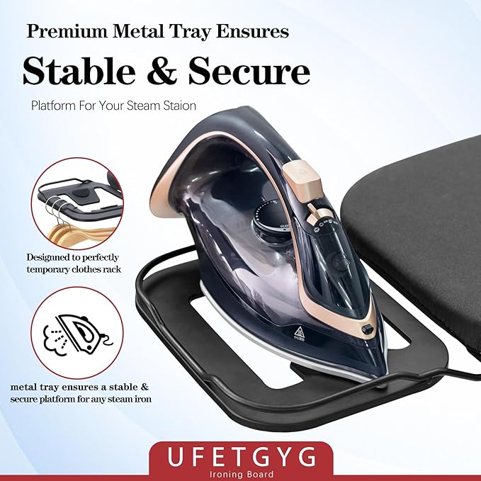 Ironing Board, Metal Panel Iron Board |43" X 13" W/with Iron Rest | Full Metal Construction| Height Adjustable | Heat & Scorch Resistant Fabric | Anti-Skid Feet | Heavy Duty| Easy to Fold