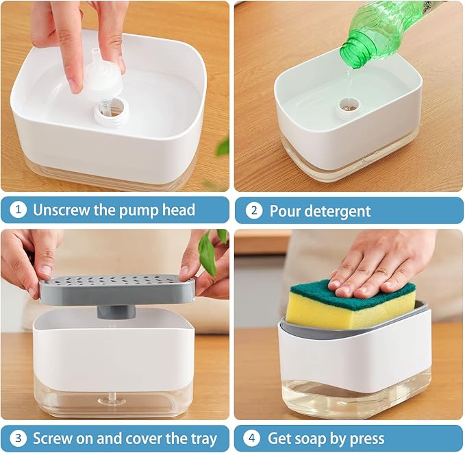 RUFCRIL Soap Pump Dispenser and Sponge Holder, 12oz / 350ml Dish Soap Dispenser for Kitchen,White