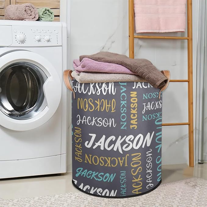 Custom Name Large Laundry-Basket for Kids-Boys-Girls, Personalized Foldable Waterproof Laundry Hamper Dirty Clothes Toys Storage Bin with Handles,Grey