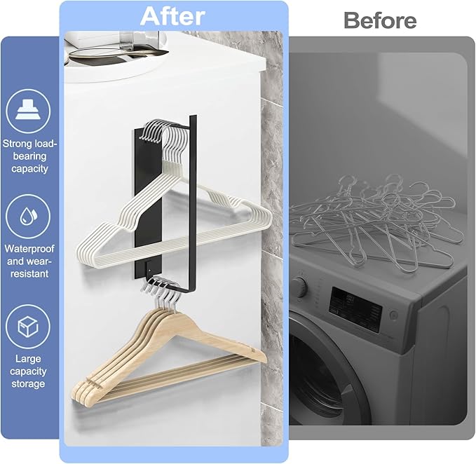 2 Pack Magnetic Hanger Holder for Laundry Room, Space-Saving Hanger Organizer for Washing Machine Dryer, Holding up to 40 Velvet Wire Plastic Hangers (2, Black)