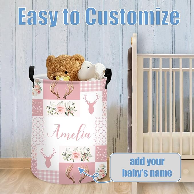 Custom Name Deer Laundry Baskets, Personalized Pink Laundry Basket for Kids & Adults, 2 Sizes Storage Organizer