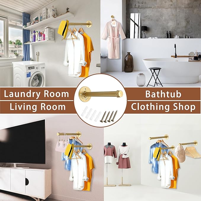 Sumnacon 2 Pcs 10 Inch Industrial Pipe Clothes Bar - Heavy Duty Rustic Metal Coat Hanger with Screws,Wall-Mounted Garment Holder Rack for Bedroom Bathroom Wardrobe Boutique Clothing Store,Gold