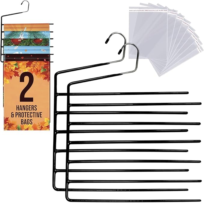 Garden Flags Hangers 2Pack with 15 Cellophane Bags, Garden Flag Storage, Organizer Holder, Heavy Duty Multi Layers Space Saving, Non Slip 6 Tier Open Ended Hangers for Multi use, Pants Organizer