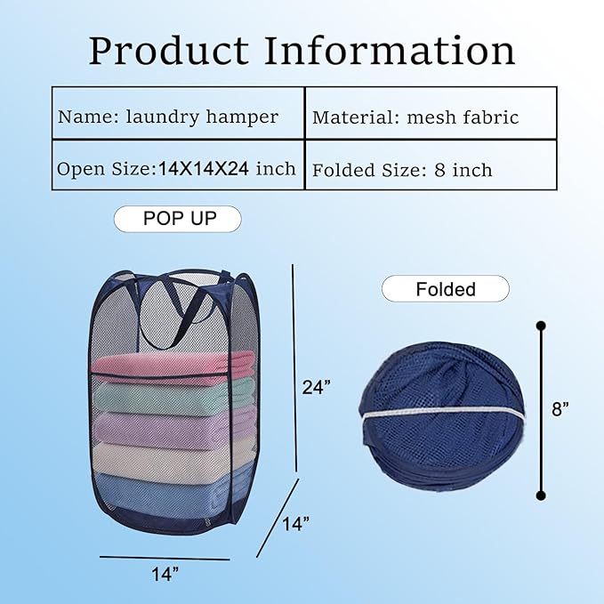 Collapsible Laundry Baskets Mesh Pop Up Laundry Basket Portable Laundry Hamper, Foldable Clothes Basket Storage Hampers (Blue - 2 Pack)