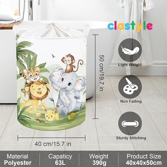Clastyle 63L Large Rainforest Animals Kid Laundry Hamper with Handle Boy Girl Bedroom Bathroom Nursery Clothes Toy Storage Basket with Lid