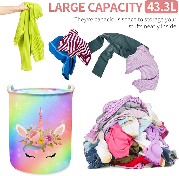 Unicorn Laundry Basket Hamper Large Sized Round Storage Basket Waterproof Bin Collapsible Laundry Basket for Girls Room Organizer, Bedroom Nursery Playroom Clothes (43.3L Cute Unicorn Laundry)
