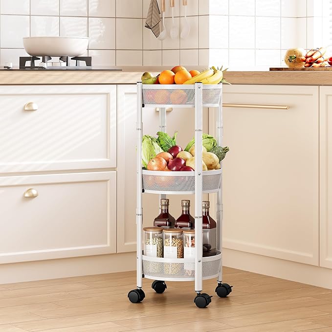 TOOLF 3-Tier Foldable Rolling Cart, Collapsible Metal Utility Cart with Wheels, No Assemble, Multifunction Storage Organizer Trolley for Kitchen, Bathroom, Dorm, Nursery, White