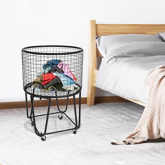Rolling Laundry Basket Cart, Metal Laundry Hamper with Wheels, Laundry Organizer Basket Cart, Clothes Storage Organizer Hamper for Living Room,Bathroom,Closet (Black, Round)