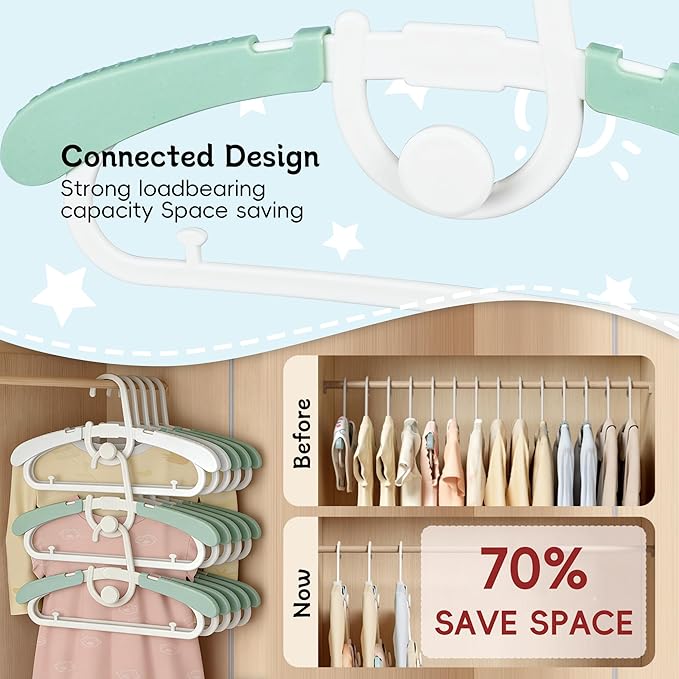 30 Pack Baby Kids Clothes Hangers Adjustable Stackable for Infant to Children - Thick Plastic, Non-Slip, Space Saving, Green